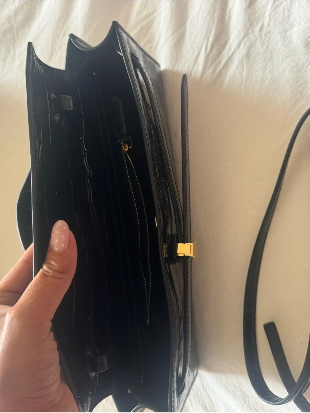 Veronica M Black Croc-Embossed Patent Leather Clutch with Gold Hardware